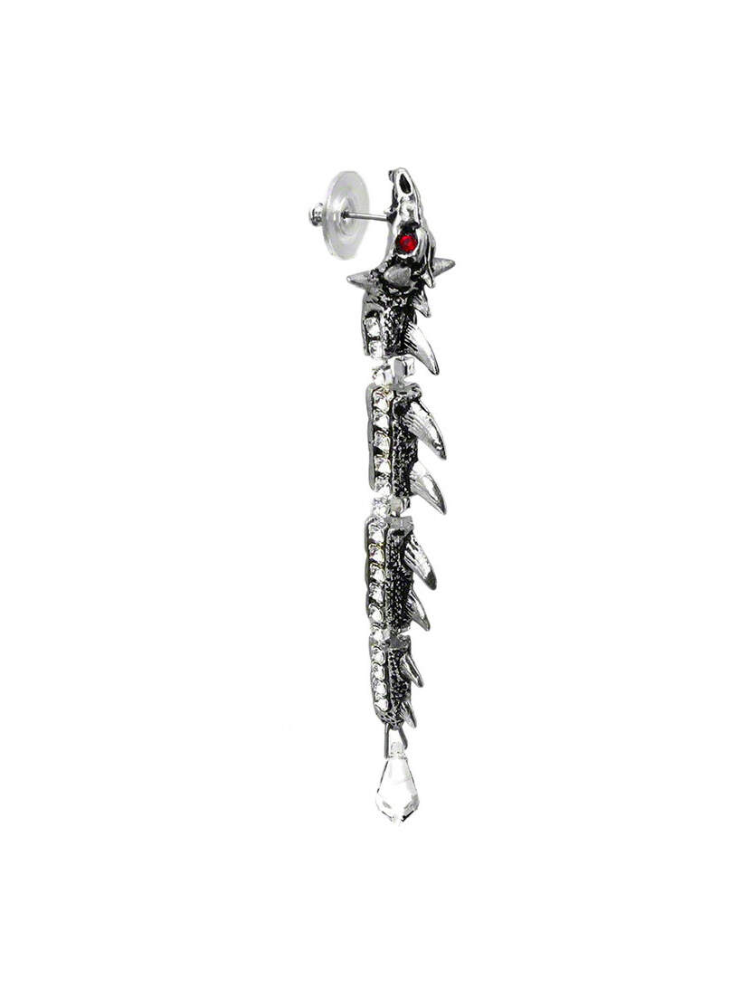 Silver dragon-themed earring with a red gem and clear drop pendant, featuring detailed scales.