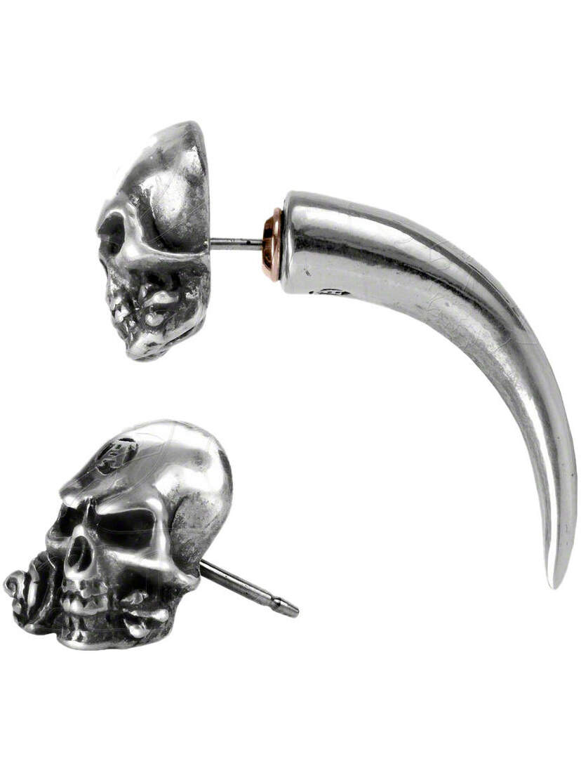 The Alchemist Horn Earring in silver-tone metal with skull stud and curved horn-shaped drop