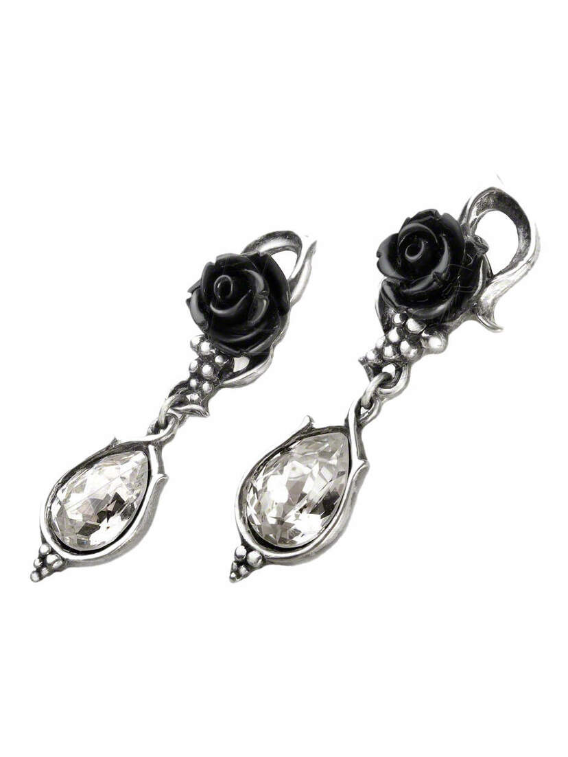 Bacchanal Rose Earrings with black rose detail and teardrop-shaped clear crystal dangle