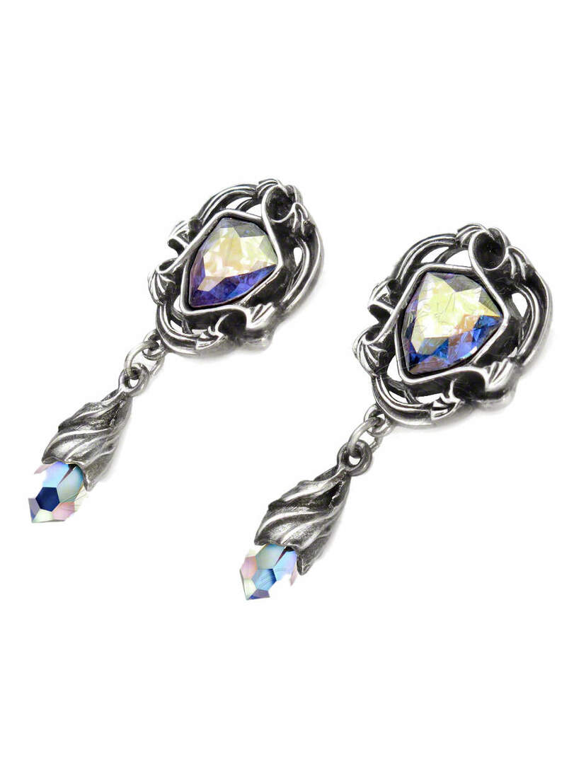 Empyrian Eye: Tears From Heaven Earrings with silver-tone frames, iridescent crystals, and teardrop dangles