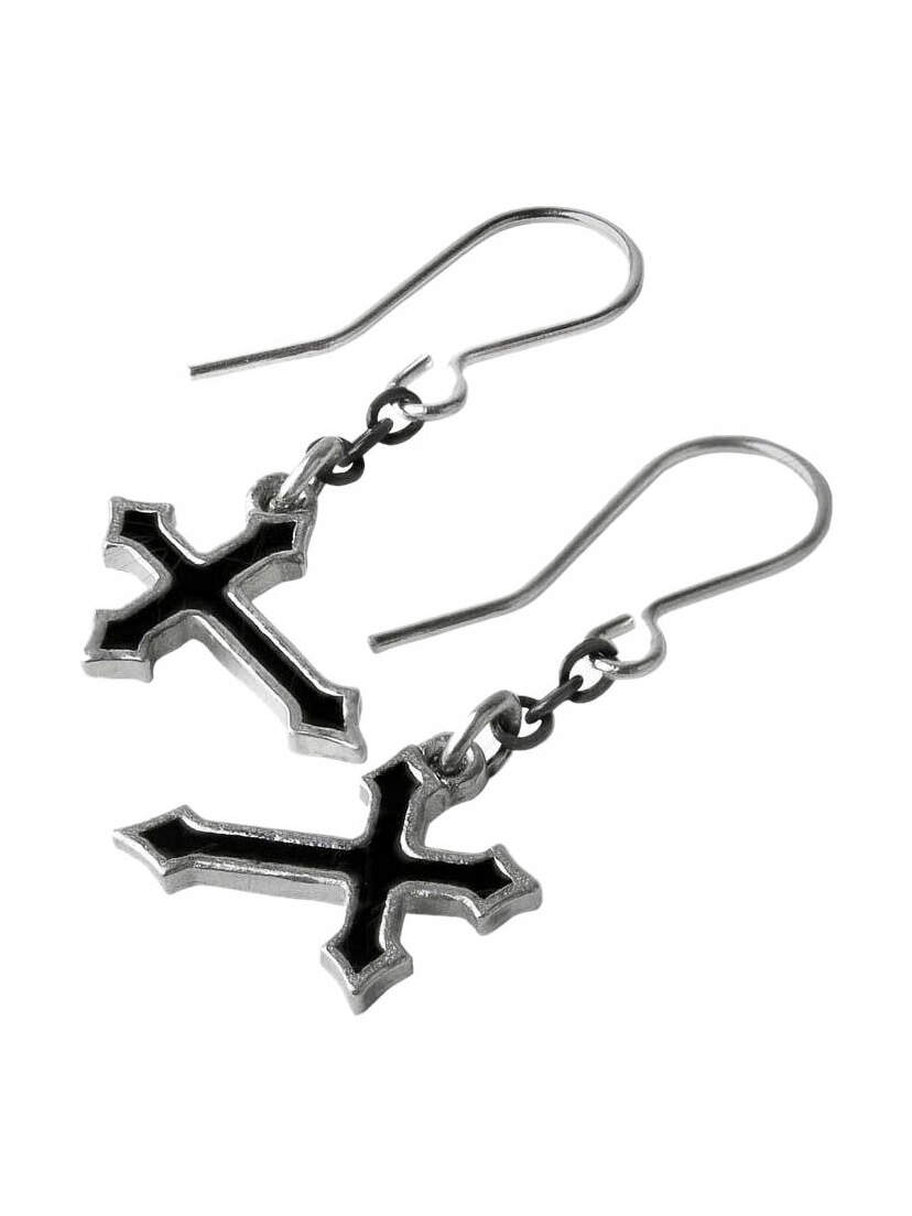 Sorrow Cross Earrings with black enamel-filled silver-tone cross pendants and fishhook ear wires