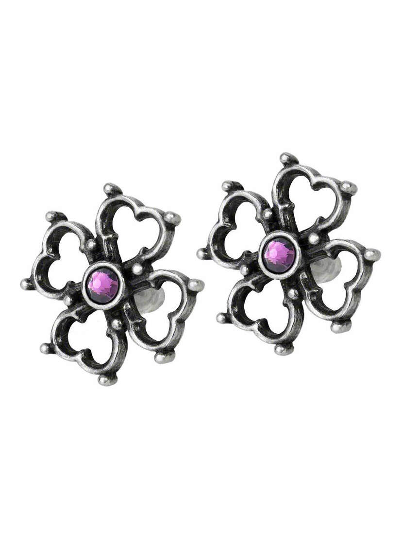Elizabethan Cross Stud Earrings in antiqued silver tone with openwork cross design and purple center stone
