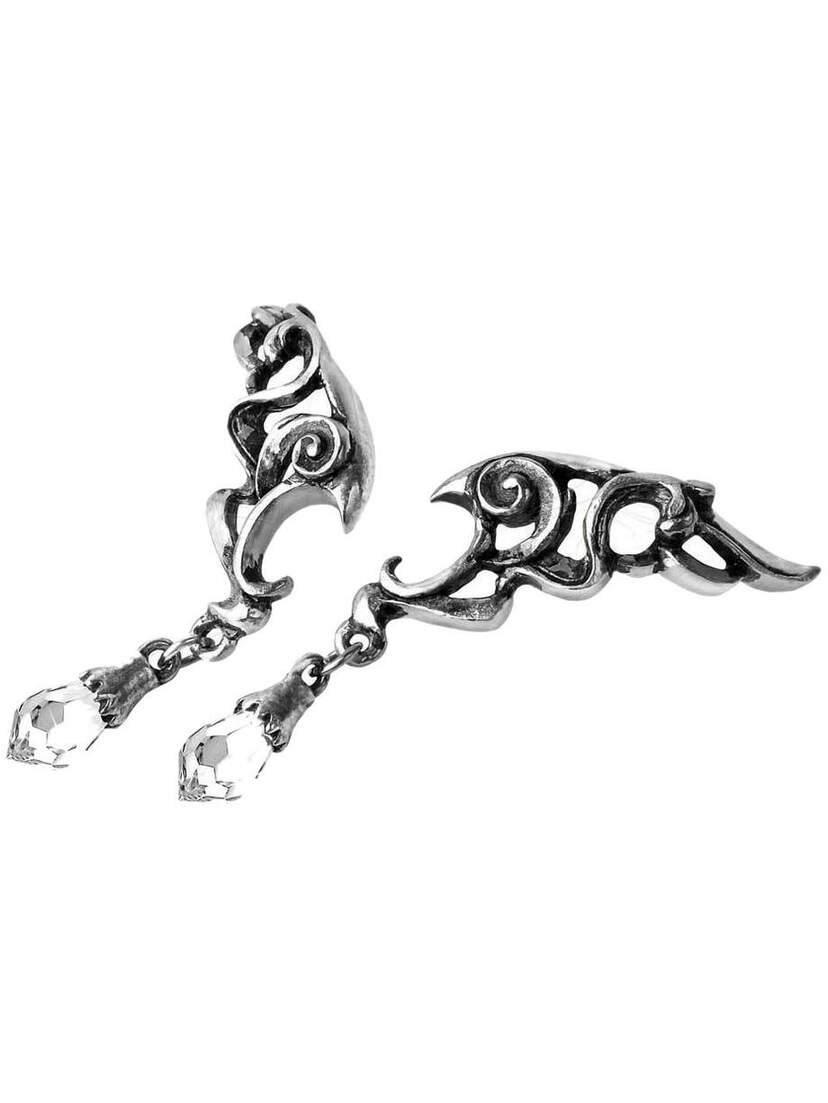 Wings of Eternity Earrings in silver-tone metal with ornate wing shapes and faceted clear crystal drops