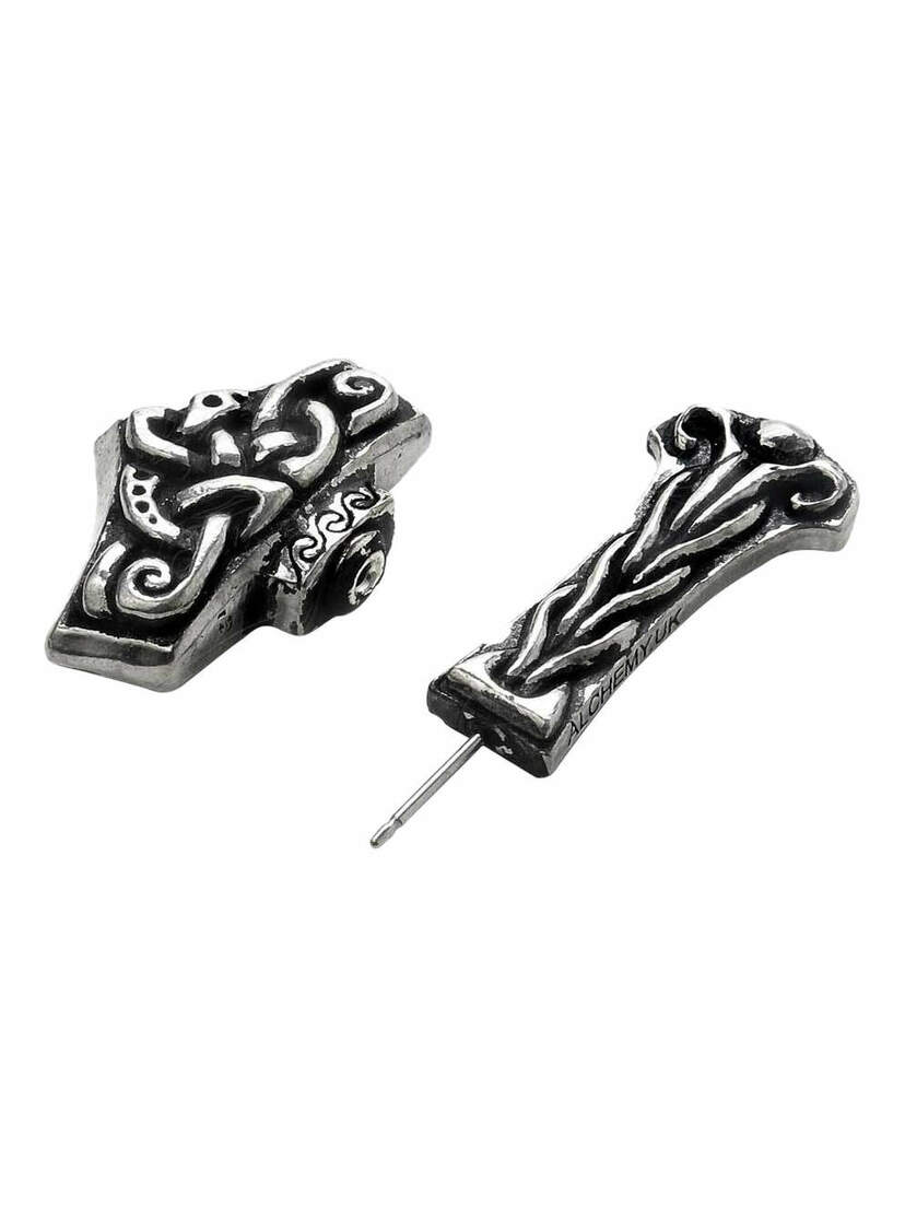 Thunderstick Earring Stud pair in antiqued silver-tone metal with Norse-inspired engraved patterns
