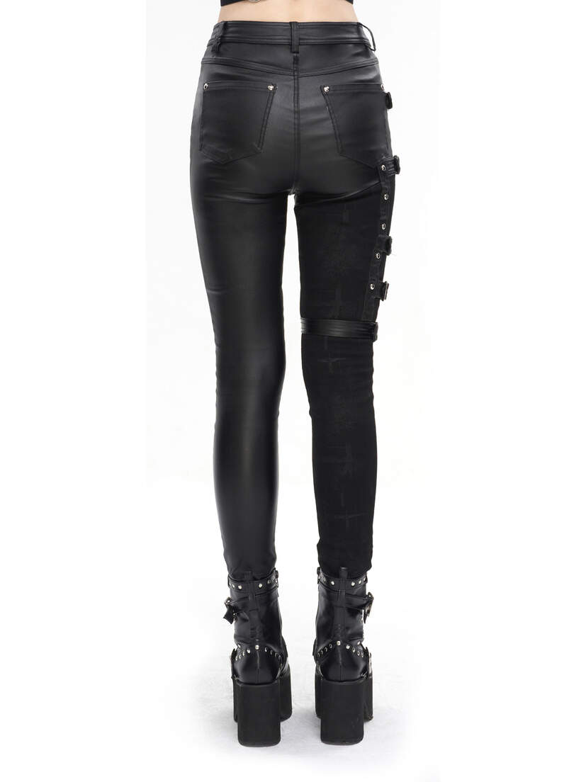 Back view of women's black punk pants featuring a fitted design and decorative side buttons.