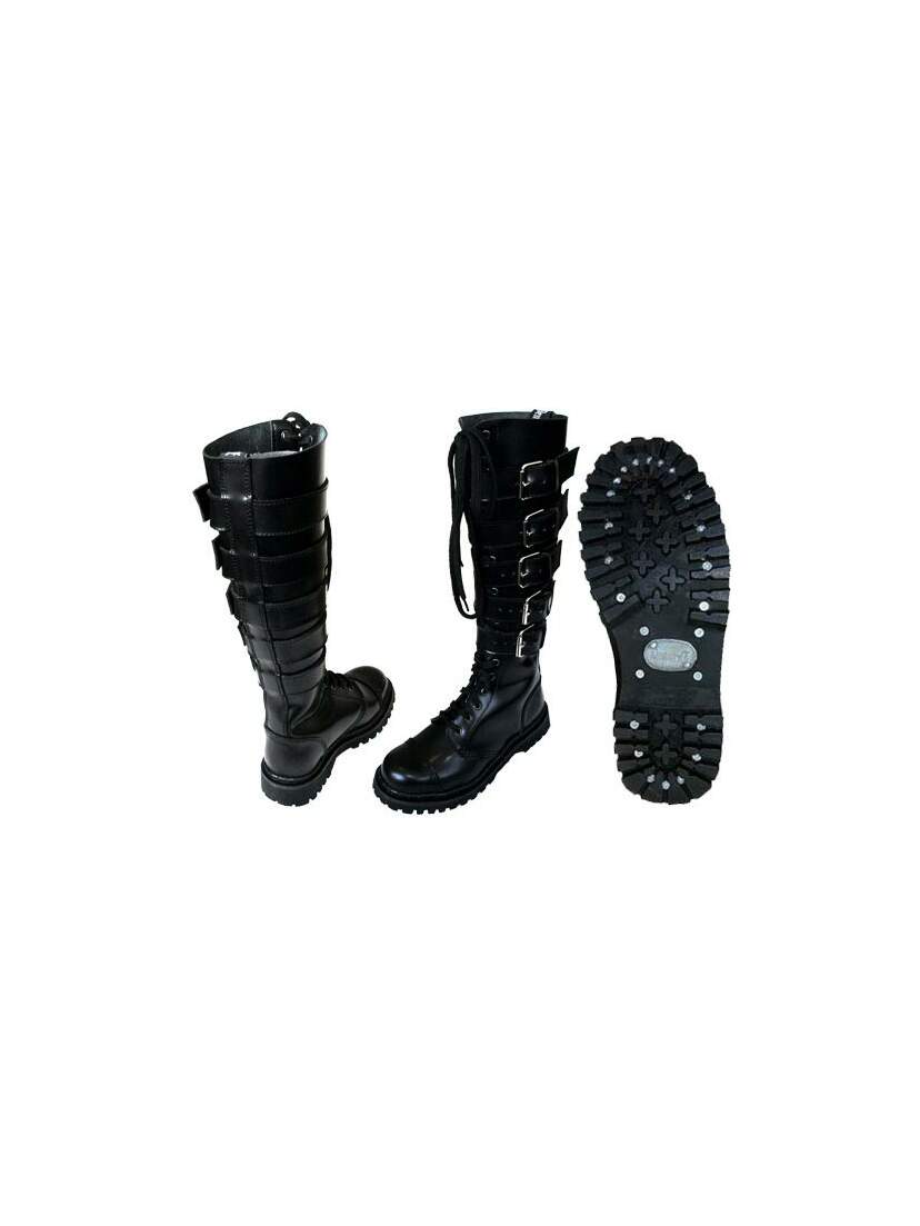 GRAVEL-20 - Black Combat Boots GRAVEL-20 black combat boots with multiple buckle straps, front lacing, and rugged tread sole