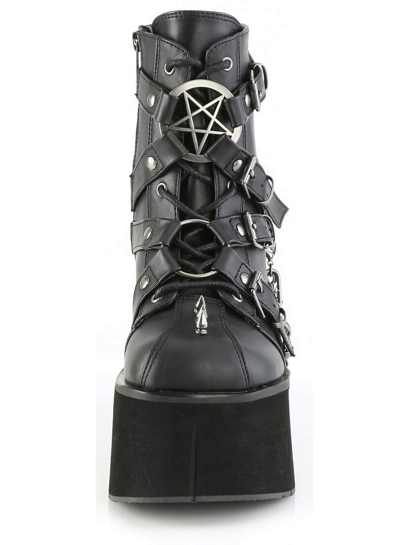 Demonia Kera 200 Black Platform Boots – Shin High, 4.5" Wedge, Punk Gothic