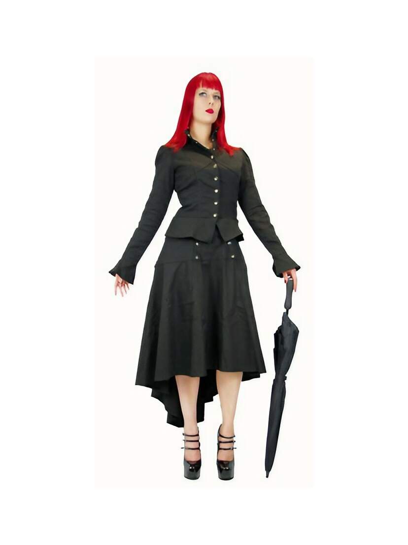 Dorina Steampunk Jacket in black with brass buttons, fitted waist, and peplum hem, shown front view