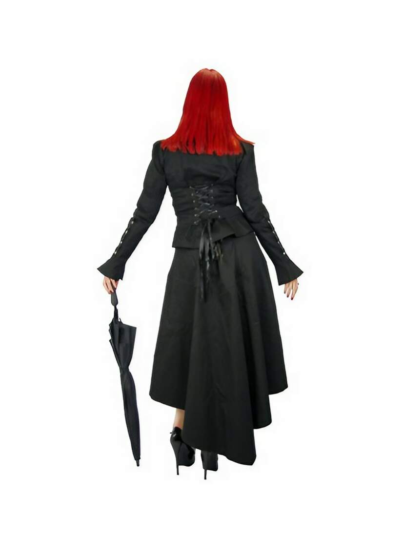 Back view of Dorina Steampunk Jacket in black with corset lacing, flared sleeves, and high-low hem