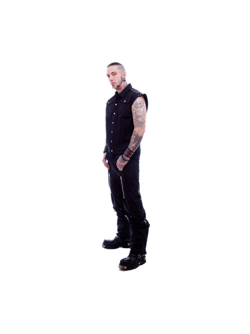 Mider Sleeveless Jacket in black denim with front snaps and silver studs on the shoulders