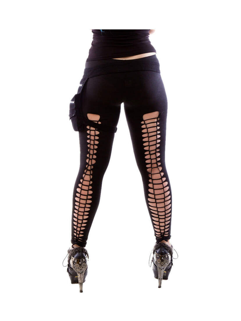 Back view of Gothic Sin Pocket Belt in black with attached pocket, worn over cutout leggings