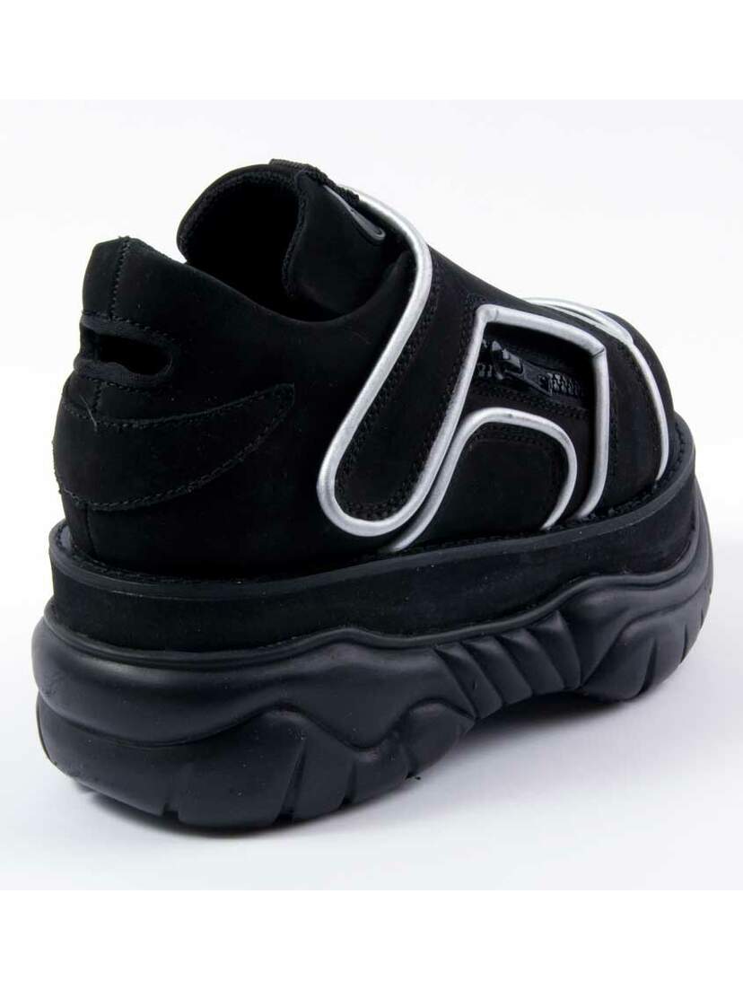 Rear angle of NEPTUNE-32 black platform shoe with thick sole and white trim details