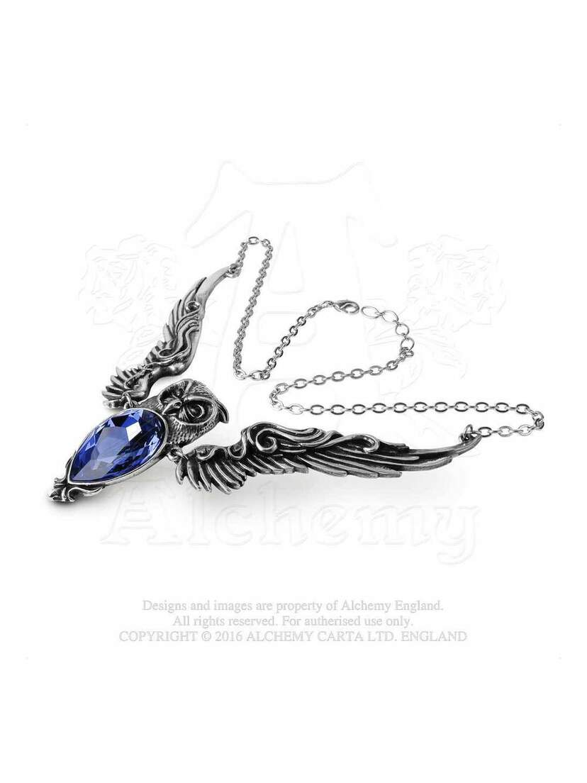 Stryx Necklace with silver-tone winged raven design and large blue teardrop-shaped crystal pendant