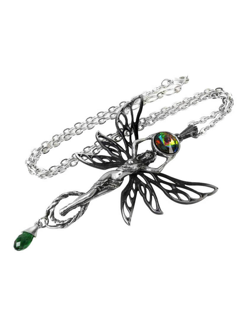 The Green Goddess Pendant with silver chain, fairy-shaped pendant, green gem drop, and iridescent accent