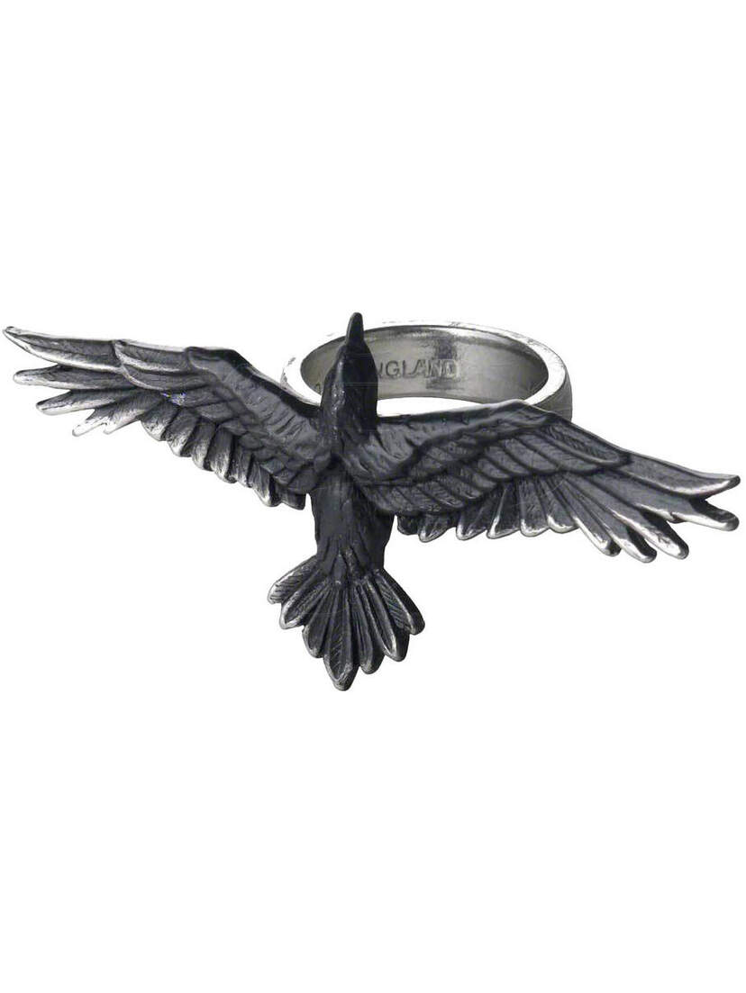 Black Consort Ring with large black raven in flight, detailed wings spanning across the silver band
