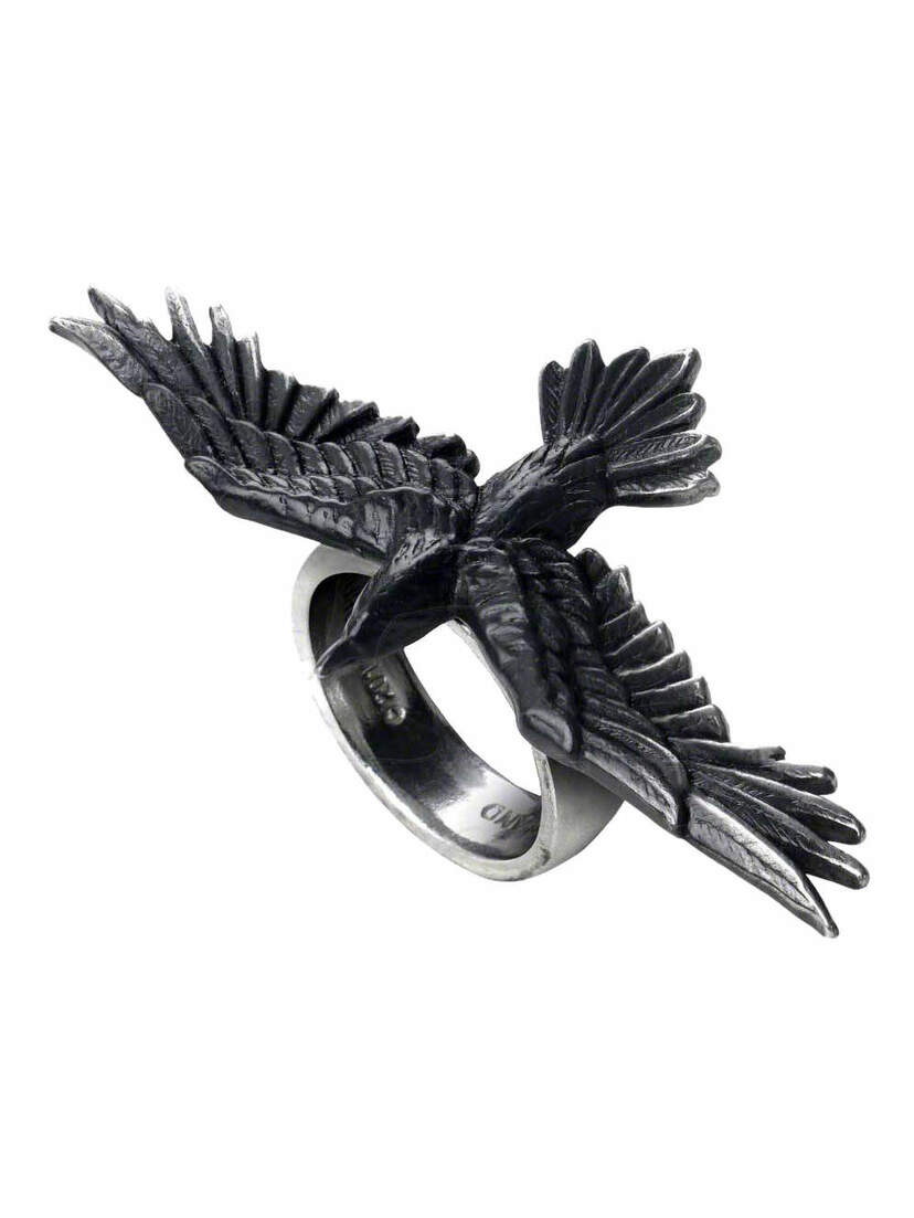 Black Consort Ring with detailed black raven in flight, wings spread across silver band