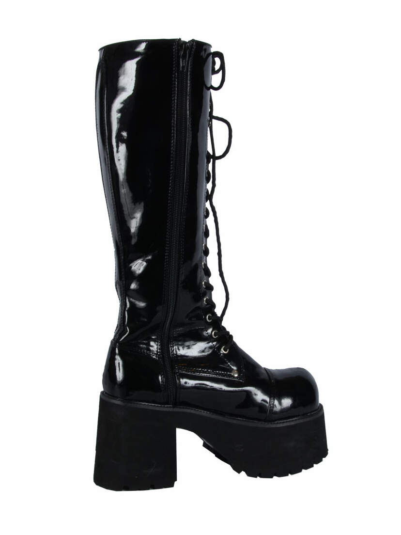 Left side view of RANGER-302 black patent boots with platform heel, front lacing, and side zipper