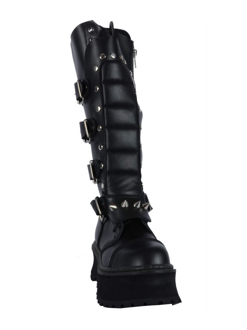 Front view of RAVAGE-II Black Zipper Boots with padded shaft, metal studs, buckles, and platform sole