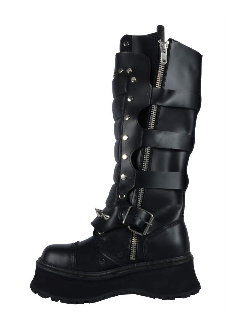 Left side view of RAVAGE-II Black Zipper Boots with platform sole, buckle straps, and exposed zippers