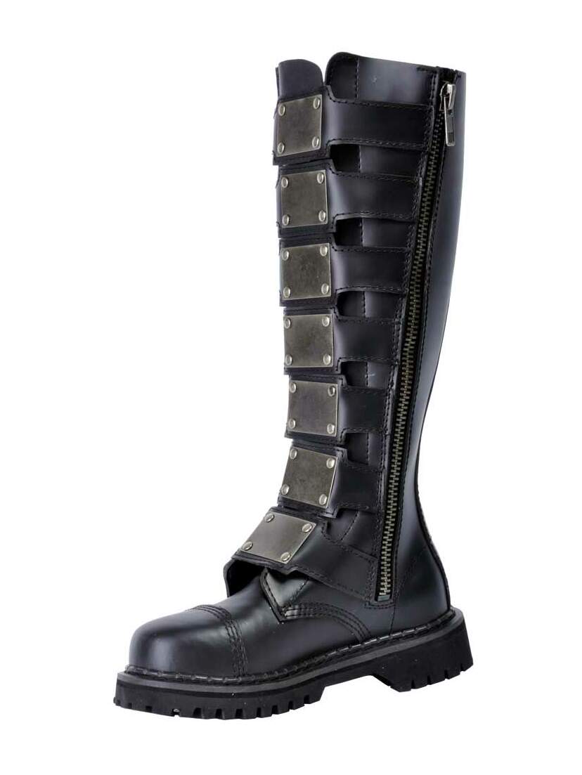REAPER-30 black leather boots with metal plate straps, side zipper, and chunky lug sole