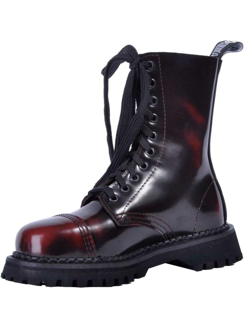 ROCKY-10 burgundy leather boots with black laces, cap toe, pull tab, and chunky lug sole