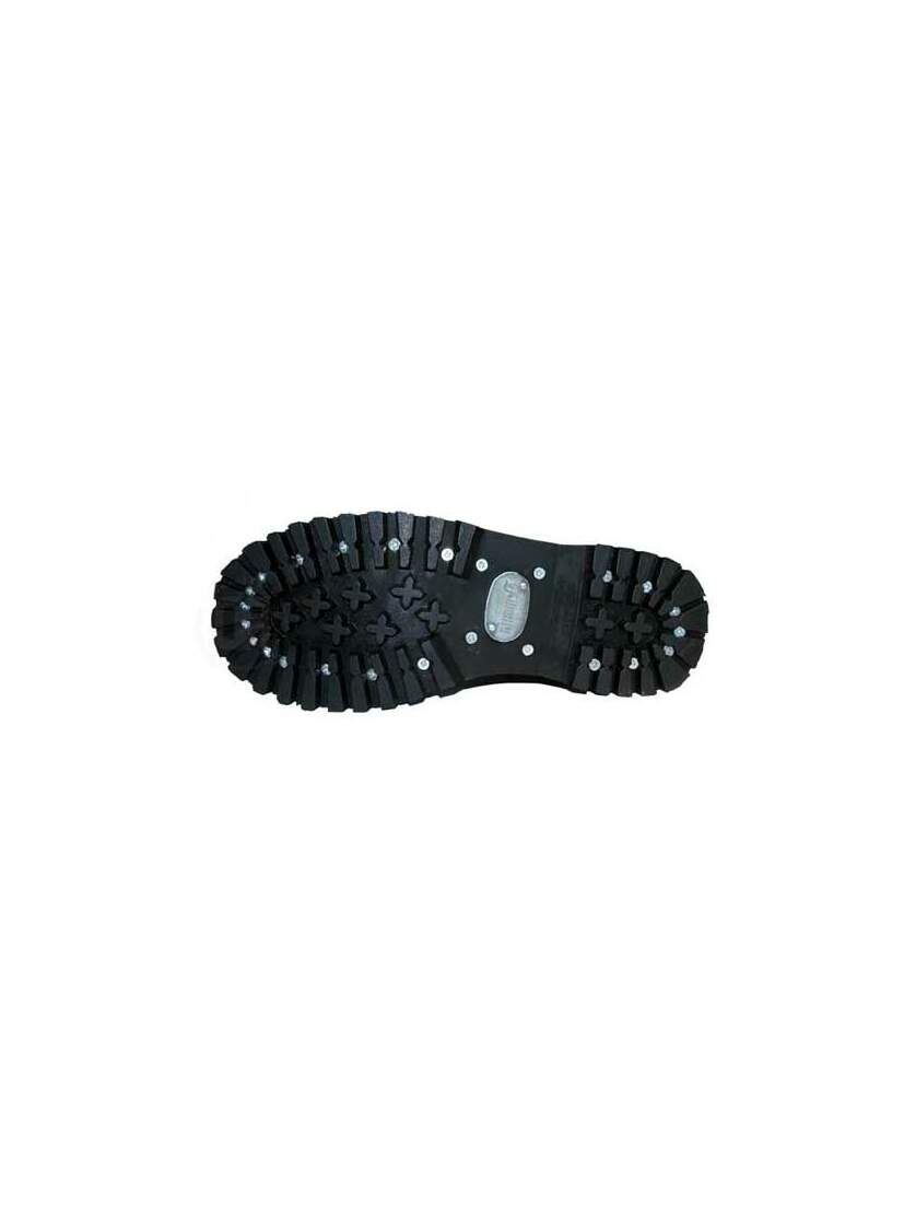 Bottom view of ROCKY-14 Black Leather Boots showing thick treaded rubber sole with metal studs