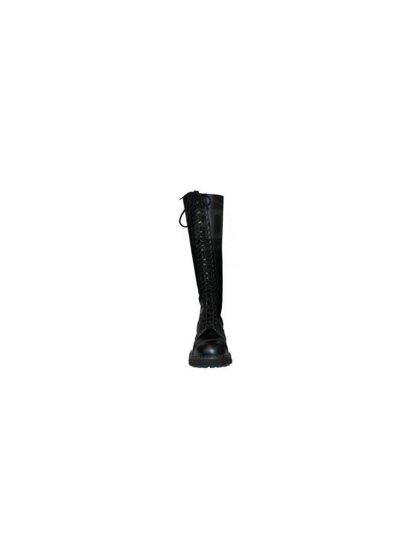 Front view of ROCKY-20 tall black leather boot with full front lacing and chunky tread sole