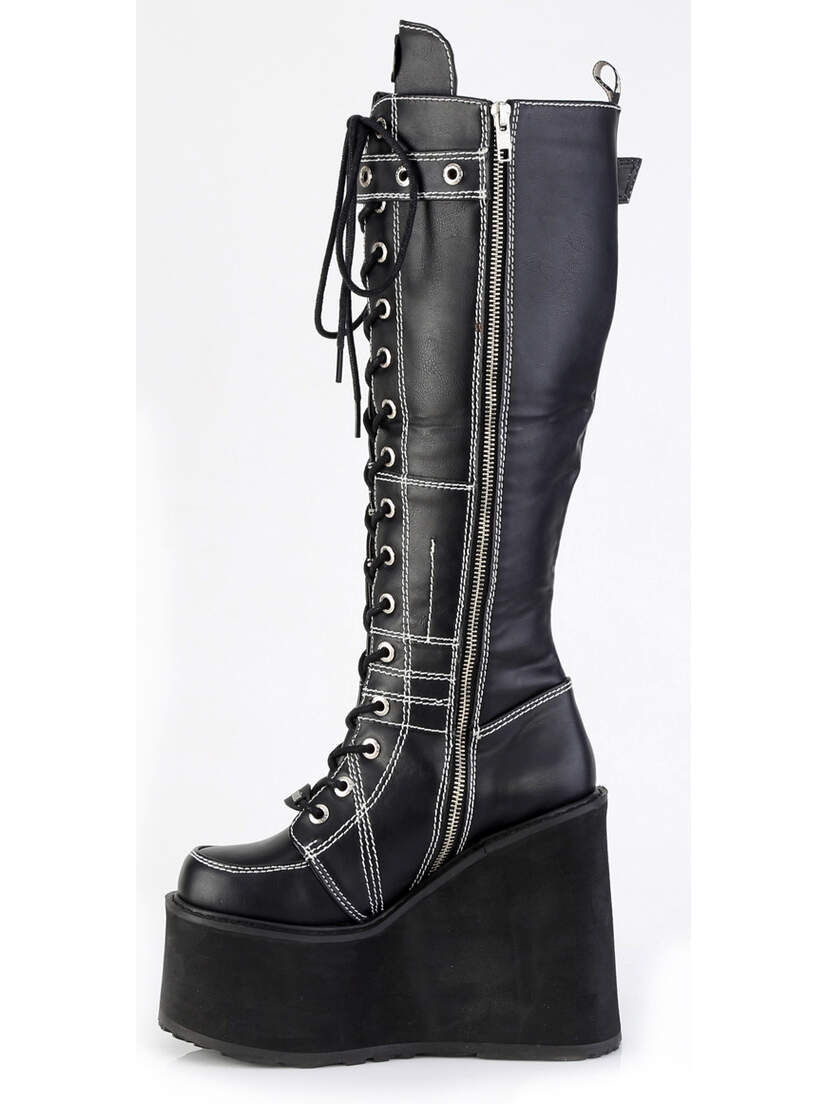 SWING-260 Black Platform Boots with White Stitching