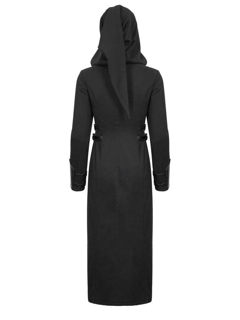 Back view of Selene Women's Trench Coat in black with hood and belt, full-length design