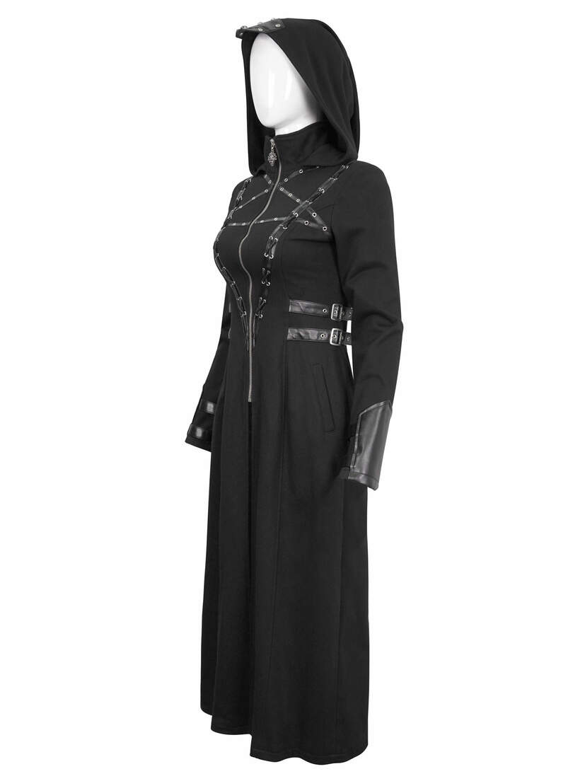 Side view of Selene Women's Trench Coat in black with silver zipper details and belt