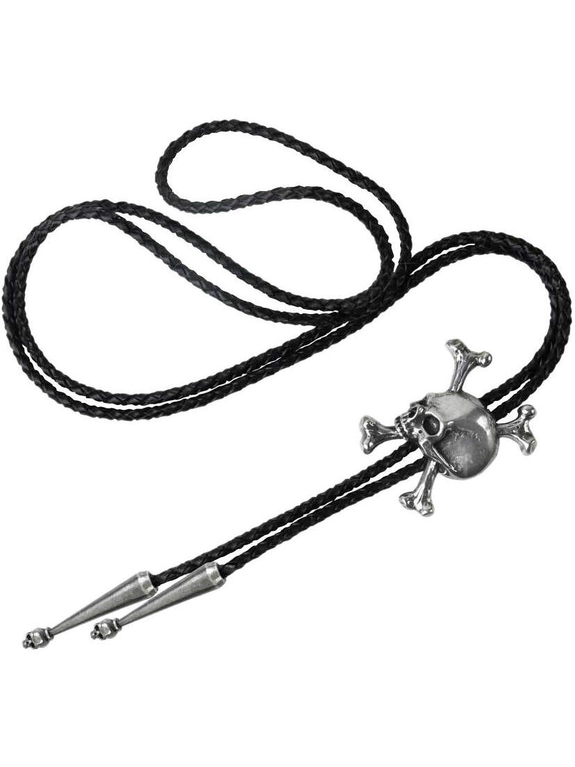Unforgiven Pendant with braided black cord, silver skull and crossbones slider, and pointed metal tips