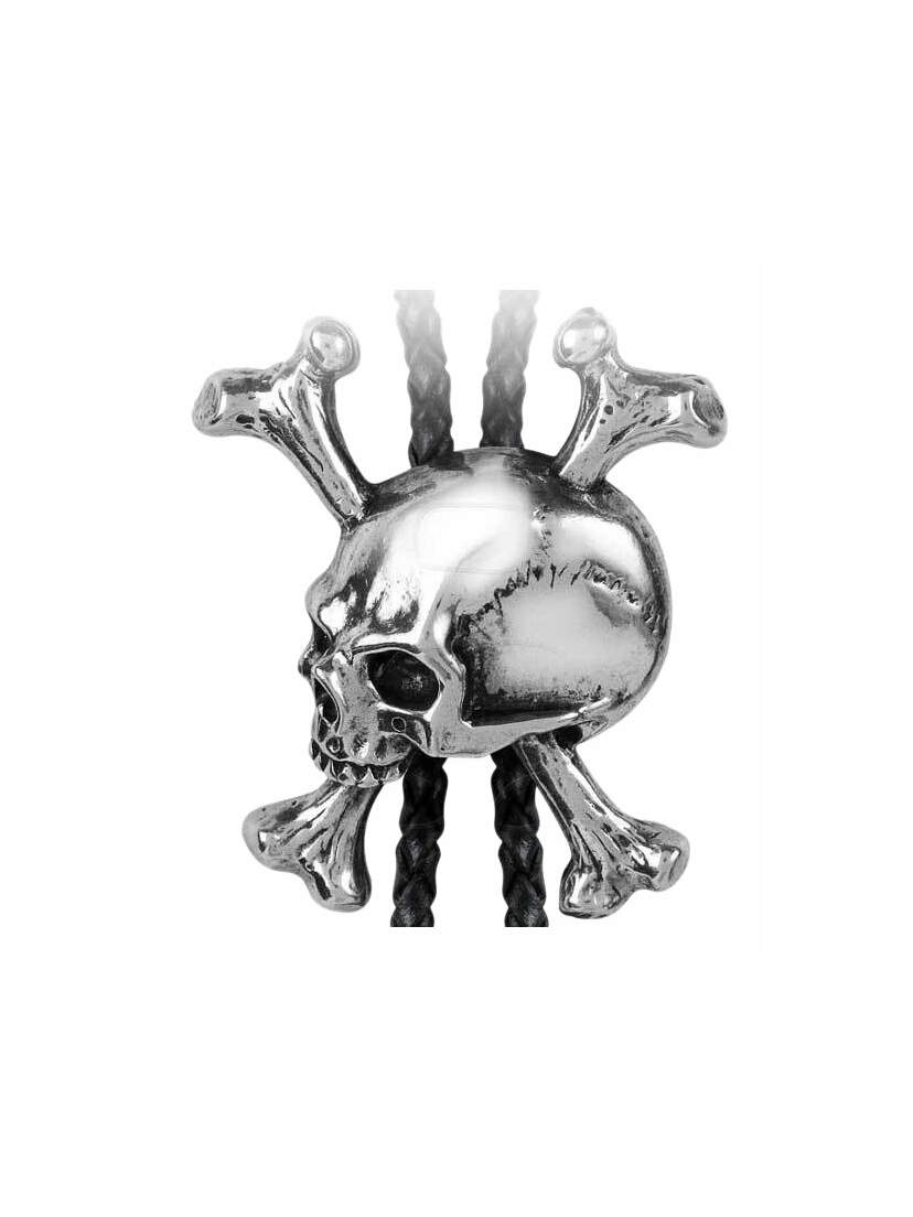 Unforgiven Pendant featuring a polished silver skull with crossbones and two black braided cords