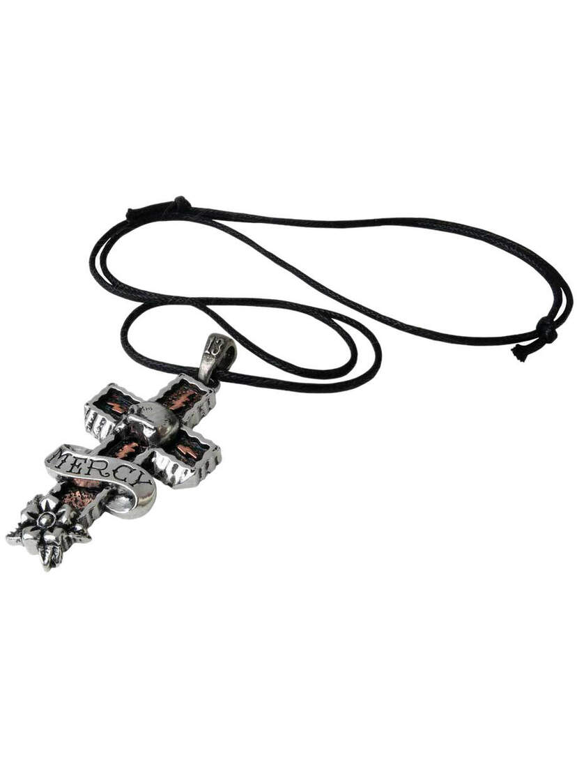 Mercy Cross Pendant with silver-tone cross, engraved 'Mercy' banner, fleur-de-lis, and black cord