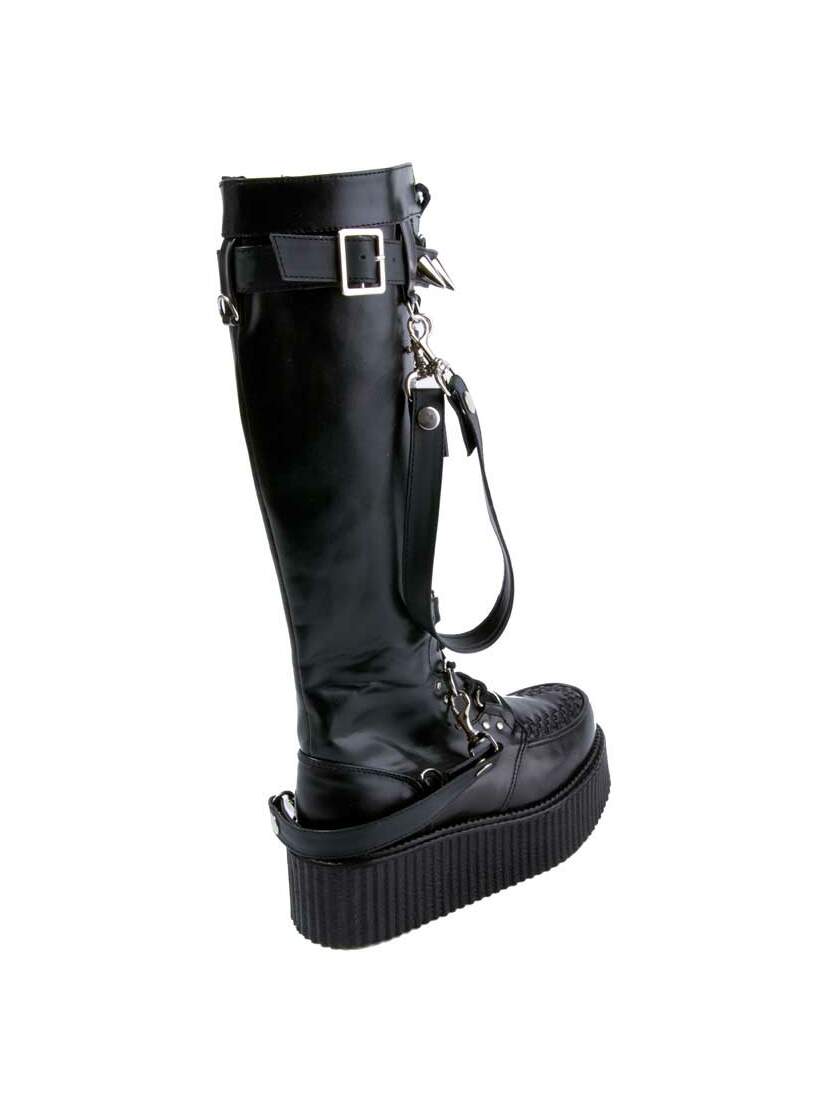 V-CREEPER-588 black creeper boots with tall shaft, platform sole, buckle strap, and metal hardware