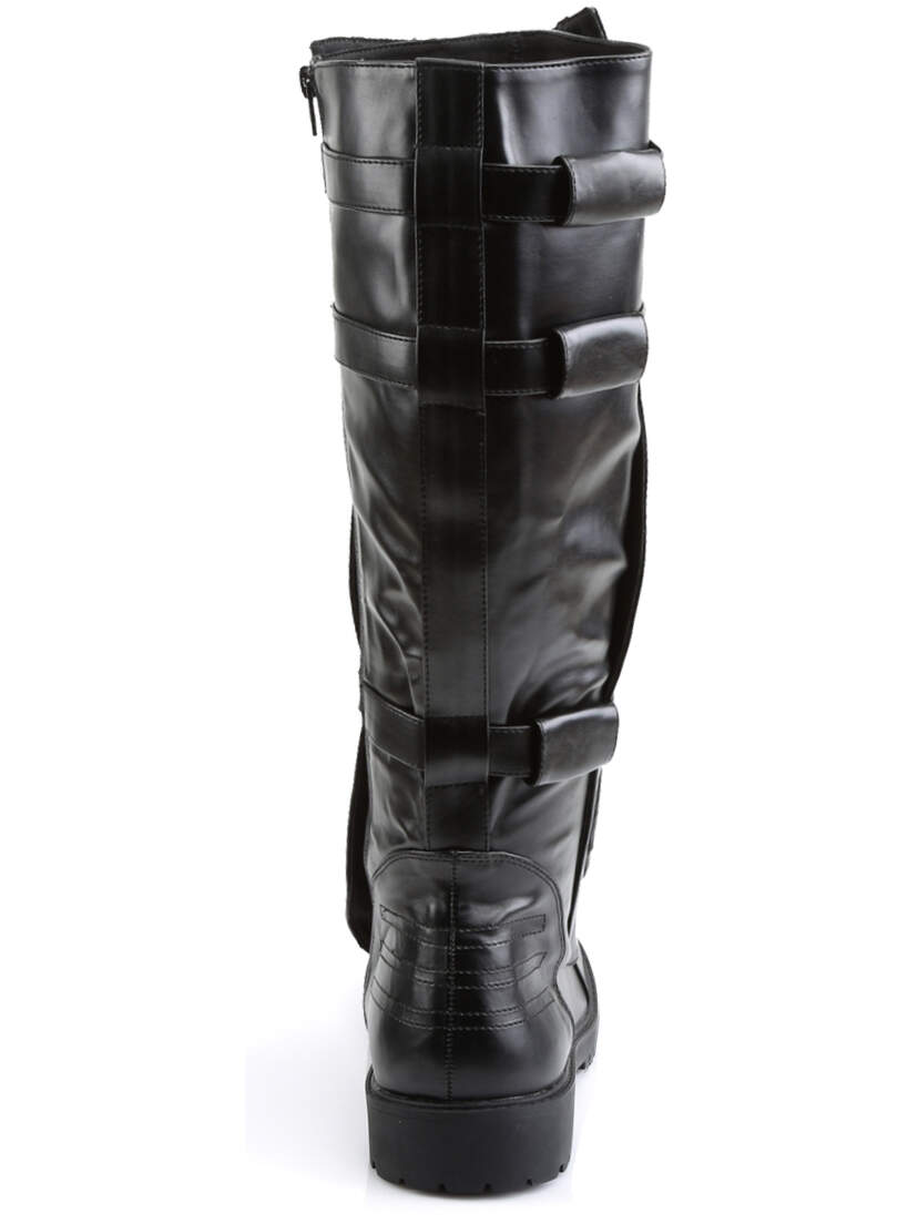 Front view of WALKER-130 black knee boots with strap details and chunky sole