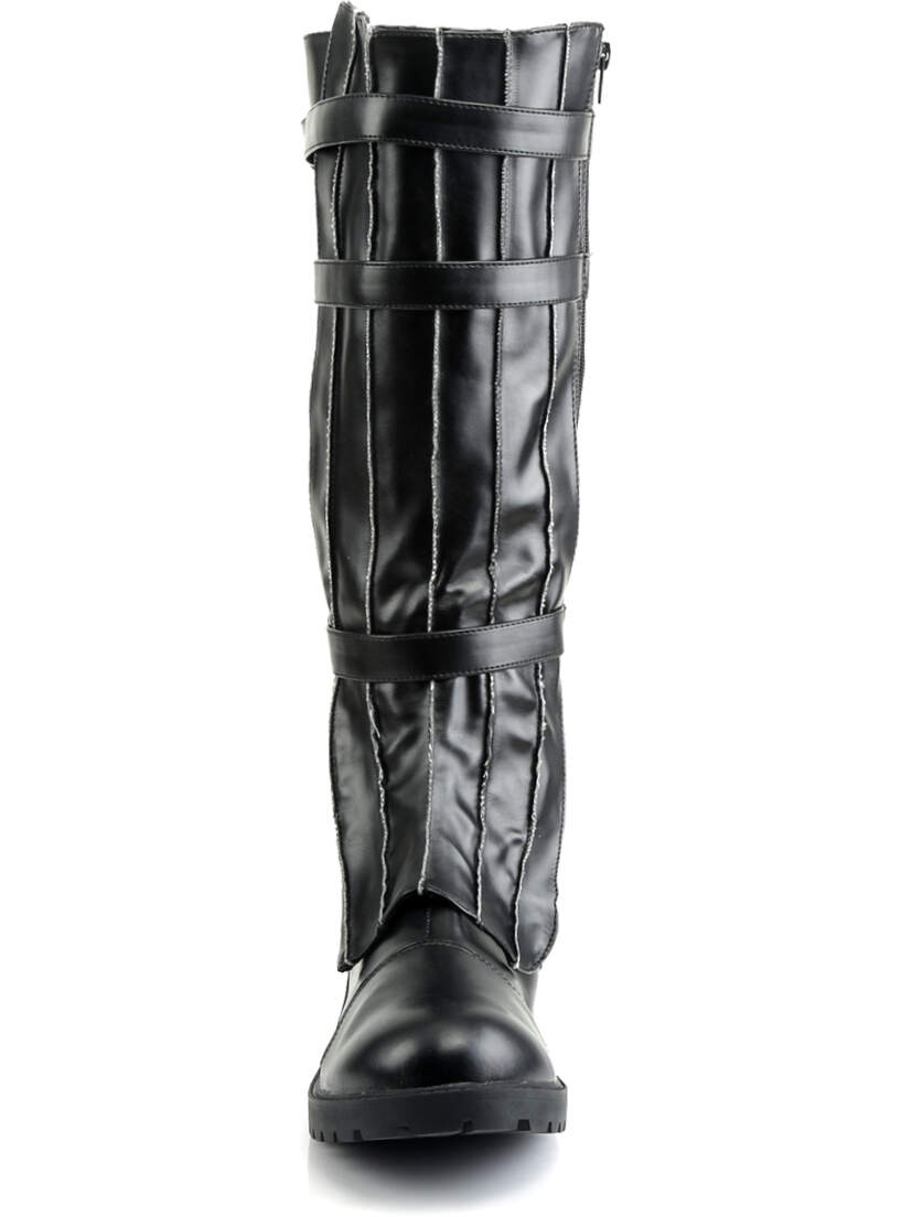 Front view of WALKER-130 black knee-high boots in smooth leather with strap details and rounded toe