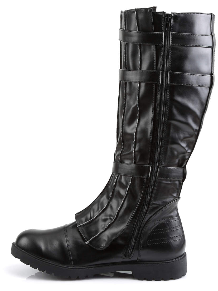 Side view of WALKER-130 black knee-high boots with smooth and ruched vegan leather, chunky sole