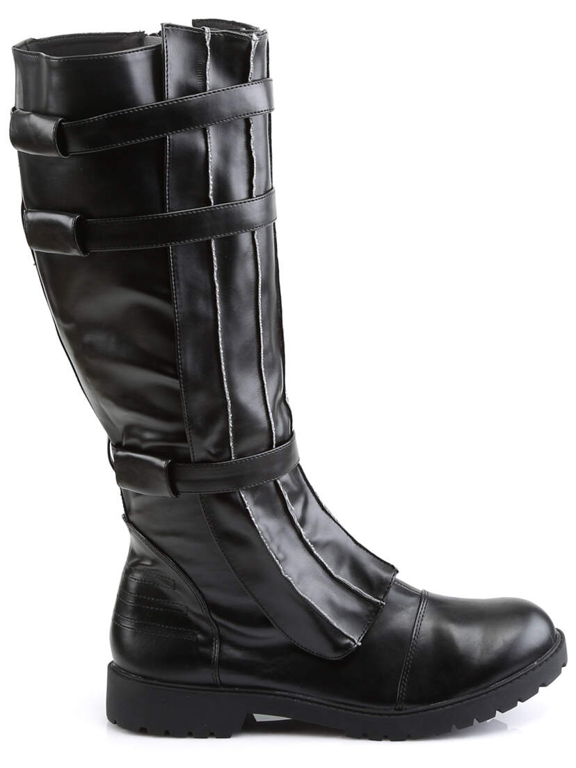 Full view of WALKER-130 black knee boots with smooth vegan leather, side zipper, and flat sole