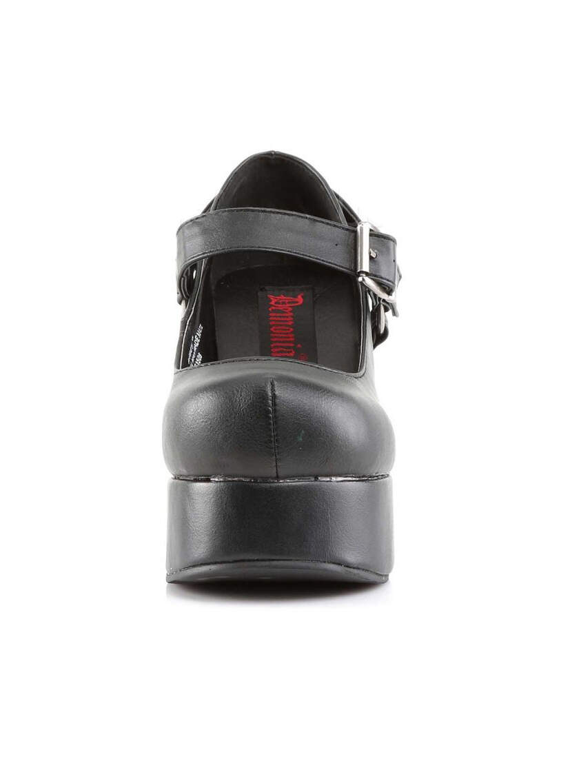 ABBEY-02 Black Vegan Shoes Front view of ABBEY-02 black vegan shoes with platform sole and adjustable buckle strap