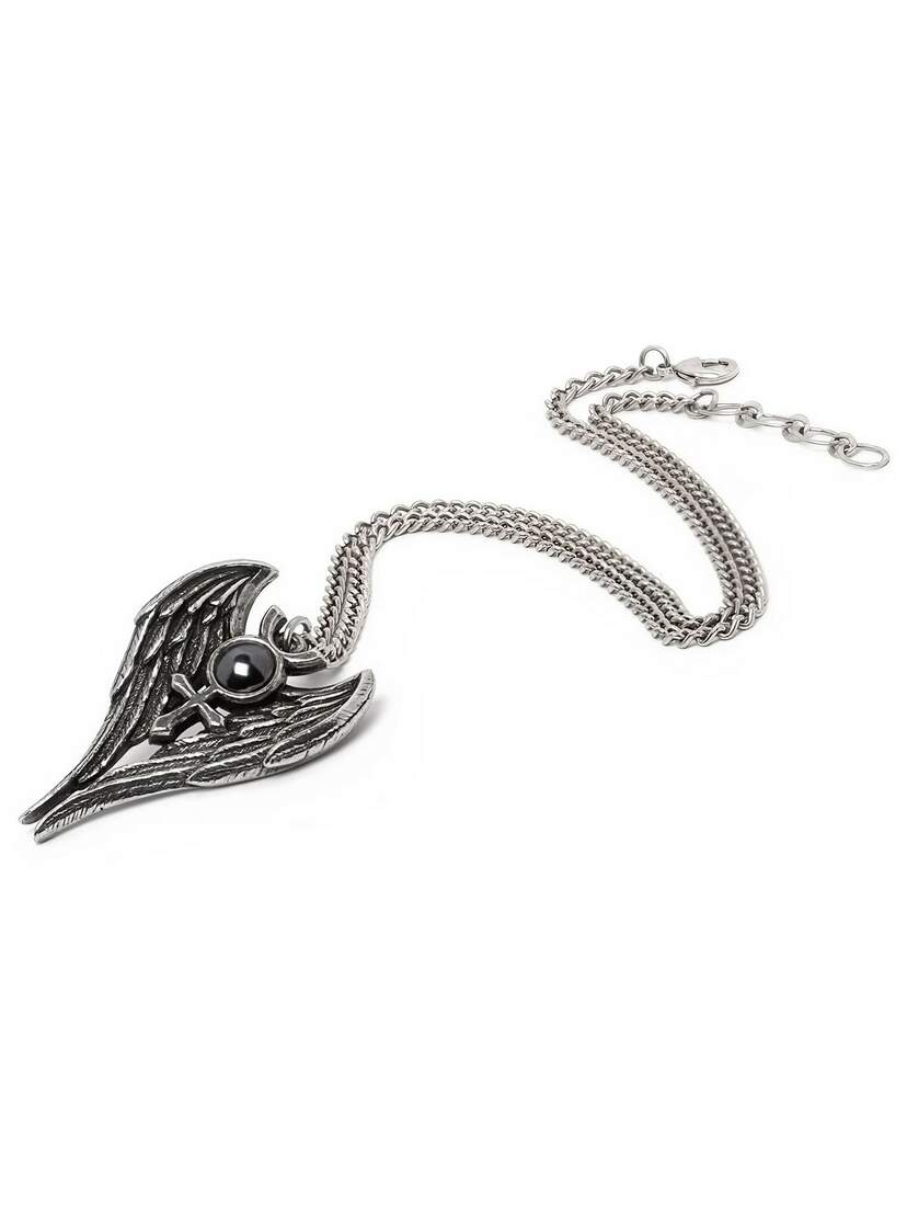 A silver pendant necklace featuring a heart shape with angel wings and a black bead in the center.