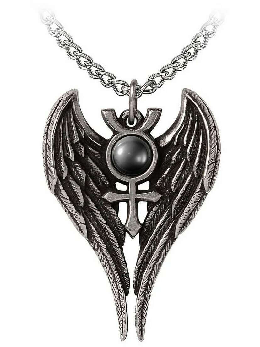 Angel of Mercury pendant necklace featuring silver wings and a central black gemstone.