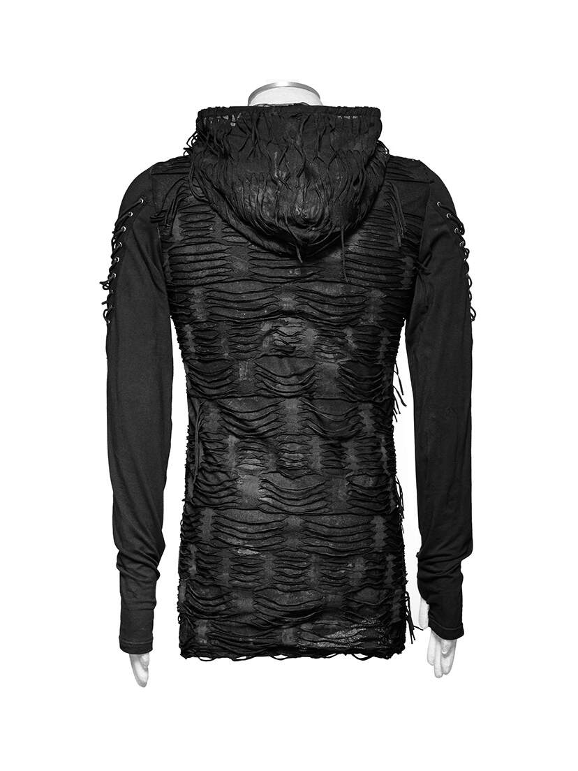 Black long sleeve hoodie with textured back and hood on a mannequin, rear view.