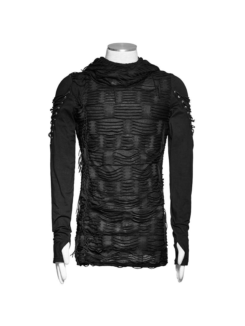 Black Apocalypse Hoodie with distressed textured front, long sleeves, and layered hood.