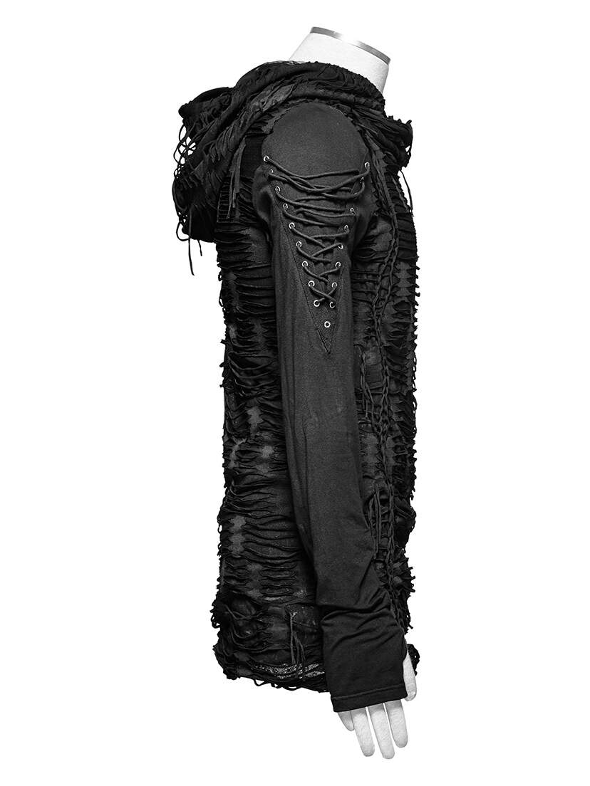 Black Apocalypse hoodie with ribbed sleeves, lace-up detailing, and a hooded side view.
