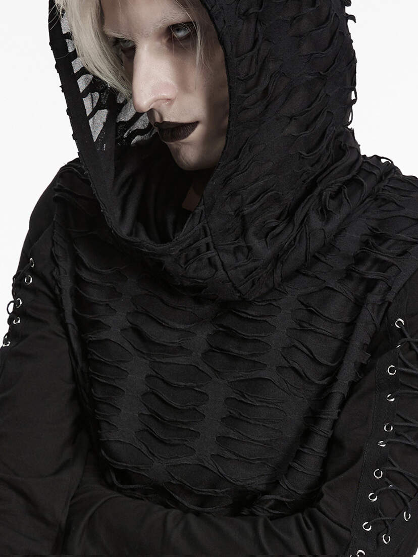 Person in a black textured hooded hoodie with a dark, gothic face covering.