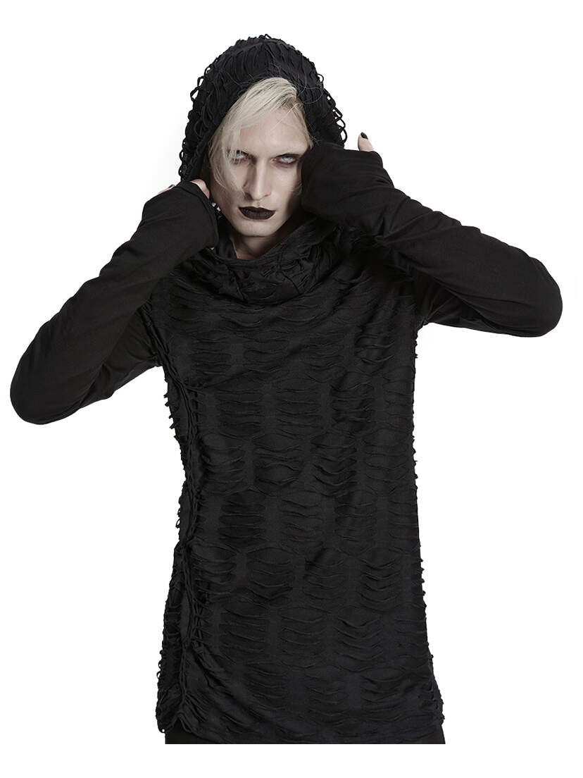 Black Apocalypse hoodie worn by a model with hood up and hands adjusting the hood