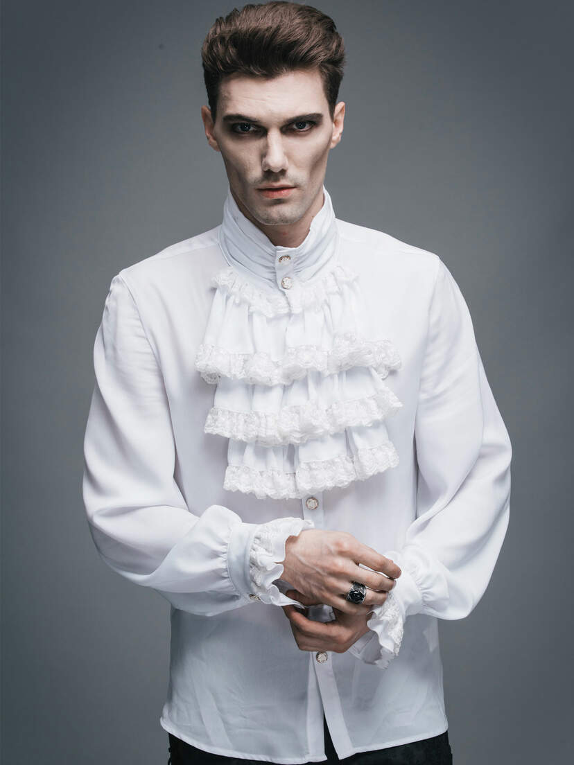 Front view of Ash Mens White Ruffle Shirt with high collar and layered ruffle detail