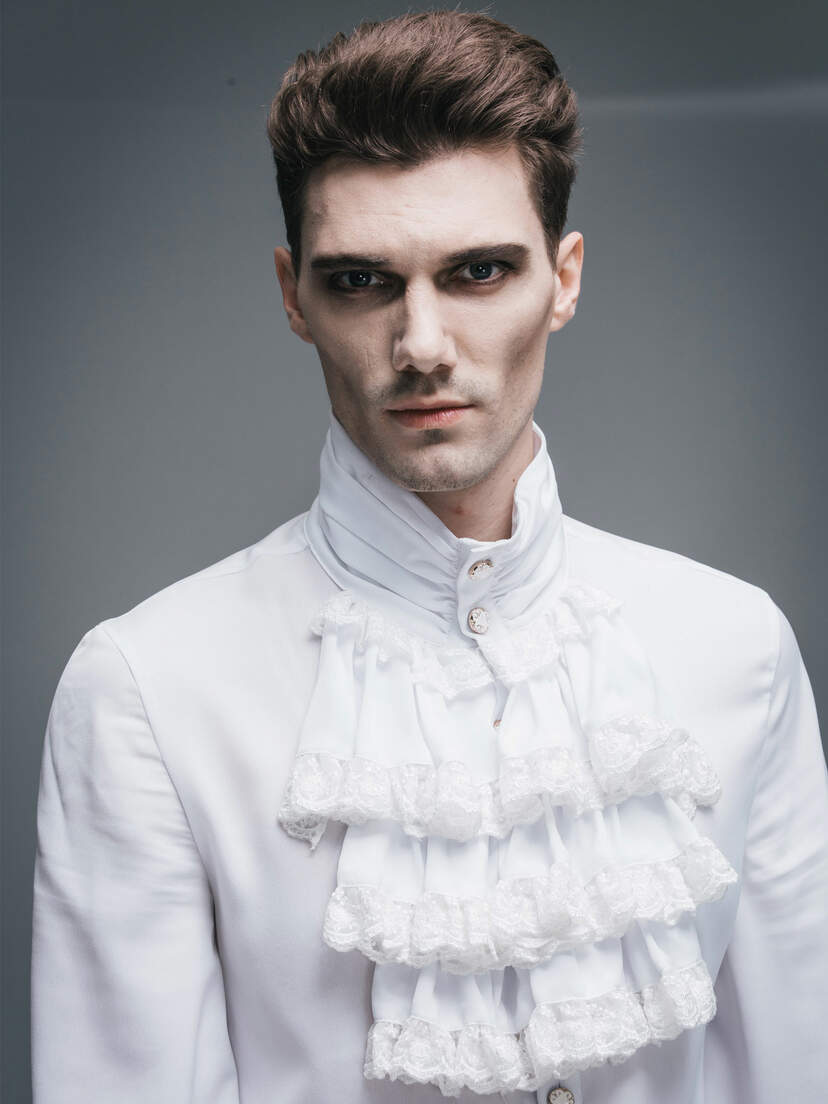 Front view of Ash Mens White Ruffle Shirt with high collar and layered ruffle details