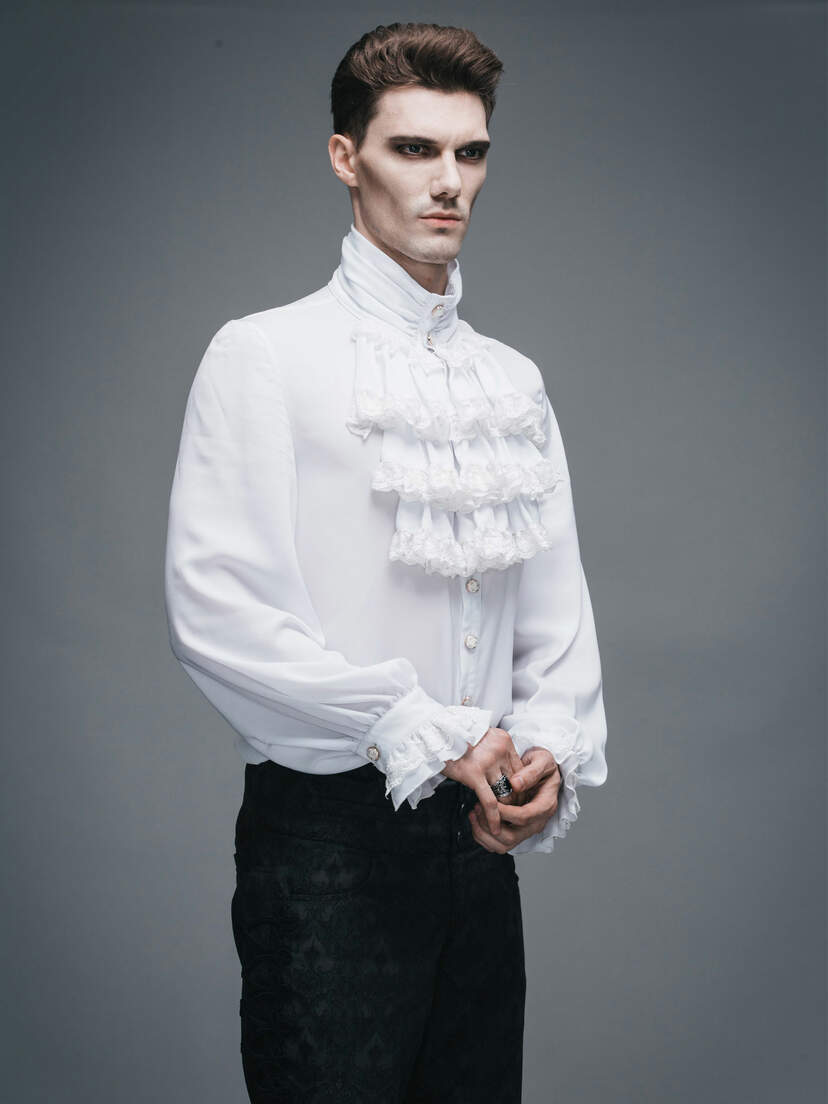 Front view of Ash Mens White Ruffle Shirt with high collar and ruffled front details