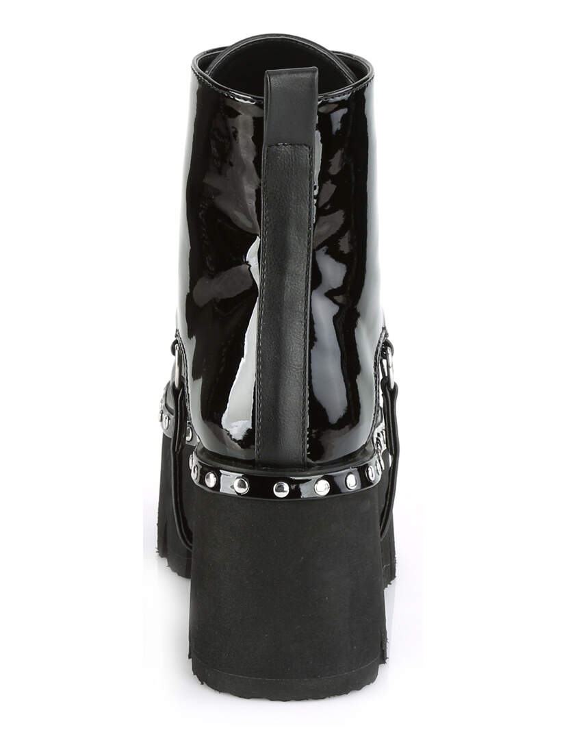 ASHES-100 Black Patent Ankle Boot with Harness